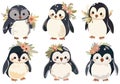 Adorable festive penguins. Joyful penguin character, smiling aquatic non-flying bird. Vector collection featuring baby