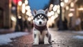 A cute Siberian Husky puppy dog wearing a hat and scarf on blurred a snowy street background. Generative AI.