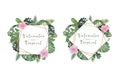 Adorable floral exotic horizontal square frame for wedding invite and greeeting card, tropical leaves. Hand drawn