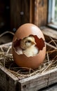 Adorable Fluffy Baby Chick Hatching from Brown Eggshell in Rustic Wooden Nest Royalty Free Stock Photo