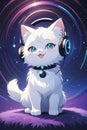 An adorable fluffy cat in cartoonish wearing a headphone, cute smile face, cosmic on the background, anime style, wallpaper