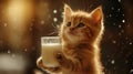 Domestic shorthaired cat with whiskers, holding glass of milk by the window Royalty Free Stock Photo