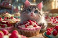 Adorable Fluffy Cat with Sparkling Eyes Admiring Delicious Raspberry Cupcakes Sweet Treats Display