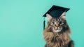 Adorable fluffy cat wearing graduation cap on pastel background Royalty Free Stock Photo