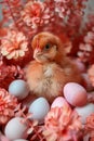 Adorable Fluffy Chick Surrounded by Easter Eggs and Pink Flowers Springtime Holiday, Animal Cuteness, Festive Celebration Concept Royalty Free Stock Photo