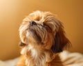 Adorable Fluffy Dog Enjoying a Serene Moment with Eyes Closed Against a Warm Golden Background, Capturing the Beauty of