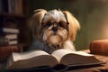 Adorable Fluffy Dog Pet Wearing Glasses Reading a Thick Book in the Room Royalty Free Stock Photo