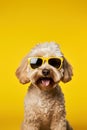 Adorable fluffy dog wearing sunglasses isolated on bright yellow background, ai generated Royalty Free Stock Photo