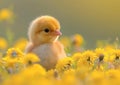Adorable fluffy duckling amid blooming yellow flowers at golden hour. springtime bliss captured in perfect light. AI