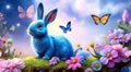 Easter Bunny in beautiful clearing with flowers and butterflies. Fantasy, fairy tale , Generative AI