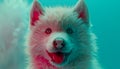 Adorable Fluffy Husky Puppy Portrait with Pink and Blue Neon Lighting and Playful Expression Royalty Free Stock Photo