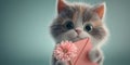 Adorable Fluffy Kitten Holding Pink Envelope and Flower Royalty Free Stock Photo