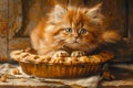 Adorable Fluffy Kitten Perched in a Pie Tin Amidst a Rustic Kitchen Setting