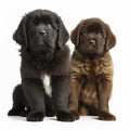 Adorable fluffy puppies of a black and brown newfoundland dog breed, similar to cubs, isolated on white close-up, Royalty Free Stock Photo