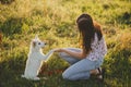 Adorable fluffy puppy giving paw to girl owner and having treat. Woman training cute white puppy to behave in summer meadow in