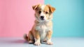 Adorable fluffy puppy posing against a pastel pink and blue background, exhibiting a charming and endearing expression. Generative Royalty Free Stock Photo