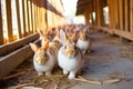 Adorable fluffy rabbits sit by cages with metal grids at animal farm rodent pets breeding