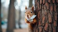 A fluffy squirrel climbing a tree trunk in the forest. generated by AI tool