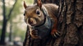 A fluffy squirrel climbing a tree trunk in the forest. generated by AI tool