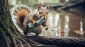 A fluffy squirrel climbing a tree trunk in the forest. generated by AI tool