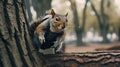 A fluffy squirrel climbing a tree trunk in the forest. generated by AI tool