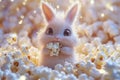 Adorable fluffy white baby bunny enjoying popcorn, a delightful scene
