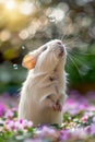 Adorable Fluffy White Guinea Pig Enjoying Nature among Colorful Flowers with Sunlight and Bubbles