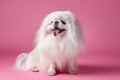 Adorable Fluffy White Pekingese Dog Posing with a Smile on a Soft Pink Background, Perfect for Pet Lovers Royalty Free Stock Photo