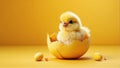 Adorable Fluffy Yellow Chick Emerging From Broken Eggshell In A Vibrant Yellow Background, Symbolizing New Beginnings Royalty Free Stock Photo
