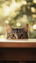 Adorable folded ear cat curiously peeking over a table with a cozy, warm background Royalty Free Stock Photo