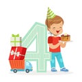 Adorable four year old boy celebrating his birthday with birthday cake, colorful cartoon character vector Illustration