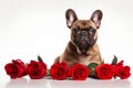 adorable french bulldog embraced by lush red roses. enchanting valentines day love and romance