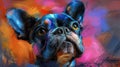 A vibrant painting of a French Bulldog looking up with curiosity and a colorful background
