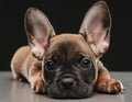 Adorable French bulldog puppy with big ears lying down on dark background Royalty Free Stock Photo
