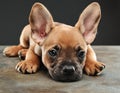 Adorable French bulldog puppy with big ears lying down on dark background Royalty Free Stock Photo