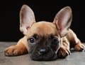 Adorable French bulldog puppy with big ears lying down on dark background Royalty Free Stock Photo