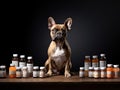 Adorable french bulldog sitting in front of pet supplement bottles with dog vitamins
