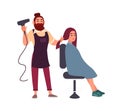 Adorable friendly bearded male hairdresser blow-dry with hairdryer hair of his smiling female client sitting in chair