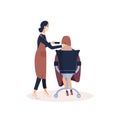 Adorable friendly lady hairdresser in pink protective face mask dyes hair of female client sitting in chair. Raster illustration