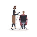 Adorable friendly lady hairdresser in protective mask with hair dryer in hand make hair of her male client sitting in chair