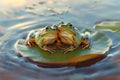 An adorable frog couple sharing a lily pad on a lovely lake. The frogs are in love