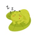 Adorable frog sleeping on lotus leaf. Cute green toad. Flat vector element for mobile game or children book Royalty Free Stock Photo