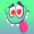 Adorable funny cartoon monster face showing tongue. Vector Halloween green monster in love. Design for St. Valentine`s Day. Royalty Free Stock Photo