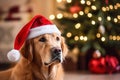 Adorable funny golden retriever dog wearing Santa hat near the Christmas tree with blurred lights on the background, ai generated Royalty Free Stock Photo