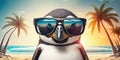 Cool hipster penguin wearing sunglasses on a tropical beach