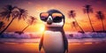 Cool hipster penguin wearing sunglasses on a tropical beach