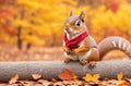 Adorable Funny Squirrel in Scarf: Captivating Fall Landscape with Red Squirrel in Autumn Scene.