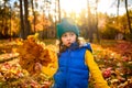 Adorable funny 4 years old beautiful baby girl with simple bouquet of collected dry fallen autumn maple leaves playing outdoor at Royalty Free Stock Photo