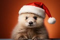 An adorable furry creature dons a Santa hat against a vivid orange backdrop, eagerly awaiting the festive season.