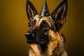 Adorable german shepherd dog wearing birthday hat